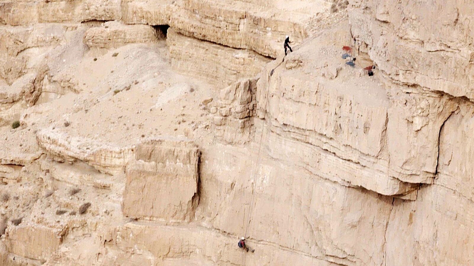 Rappelling to the Cave of Horror. (Highlight Films/Israel Antiquities Authority)