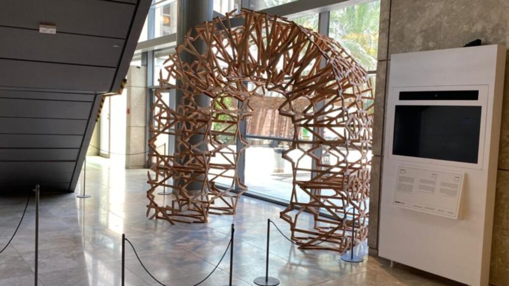 Mahmood Kaiss’ wooden arch is inspired by nanocrystal structures researched by Prof. Adi Salomon. (Sharon Goldman)