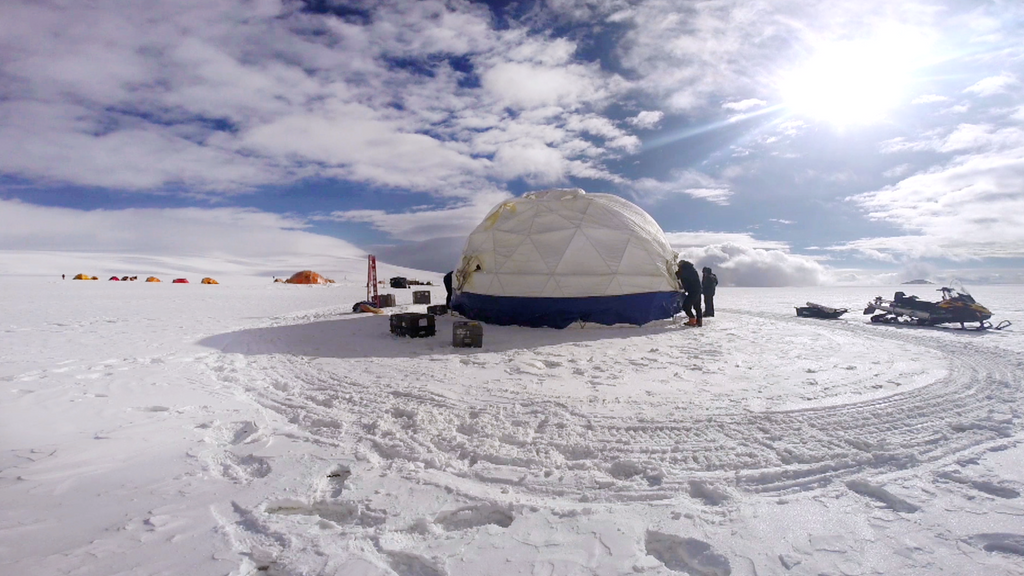 The drilling camp on the Guliya ice cap where the ice cores were taken. (Courtesy of Lonnie Thompson and the Byrd Polar and Climate Research Center/Ohio State University)