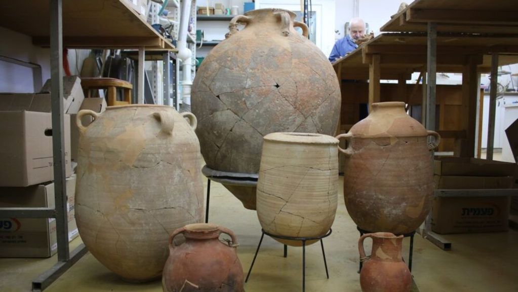 Shattered storage vessels after restoration by Joseph Bocangolz. (Ortal Chalaf/Israel Antiquities Authority)